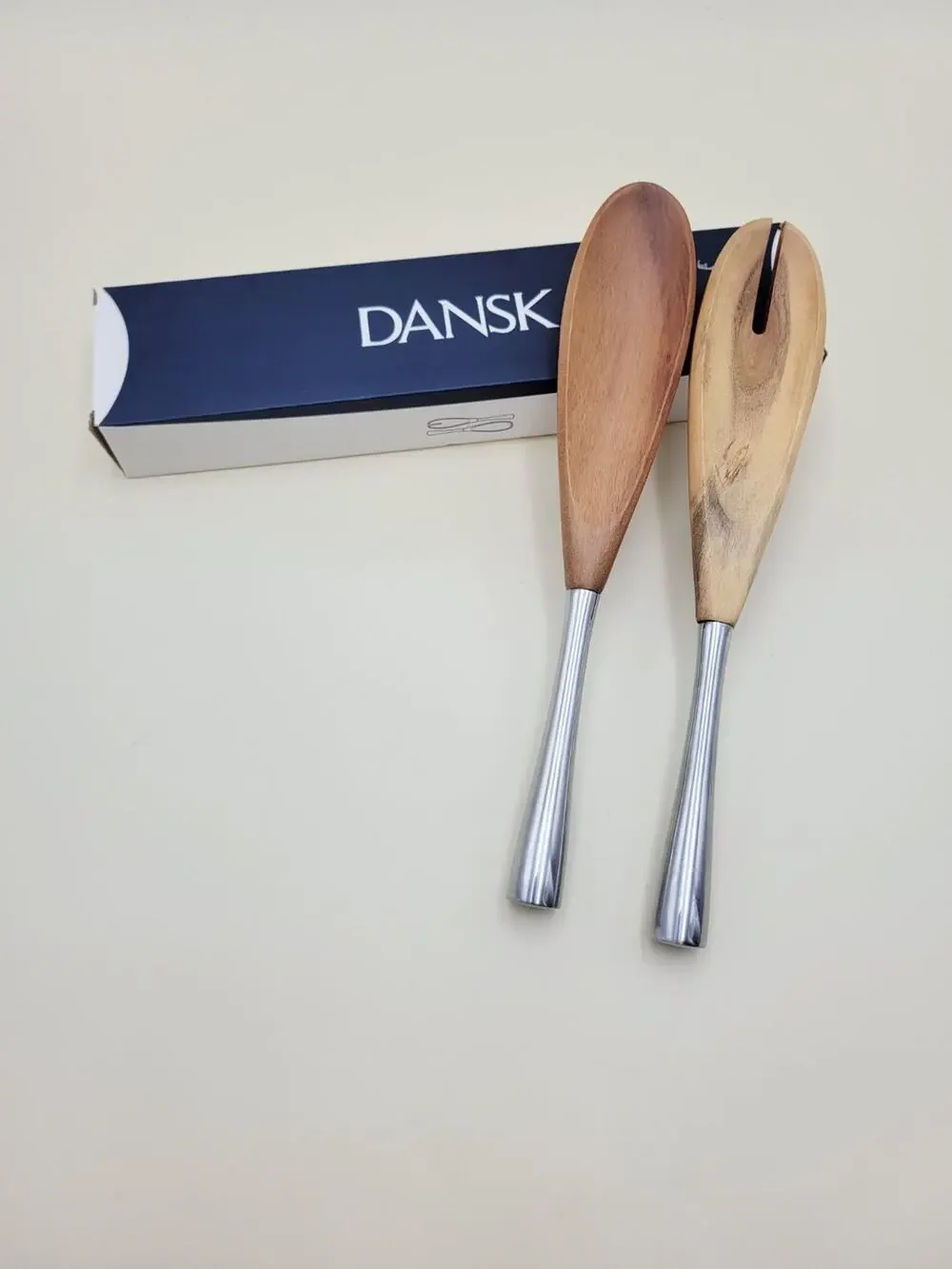 Dansk Wood Salad Server Set of 2 Brown Silver Metal Open Box